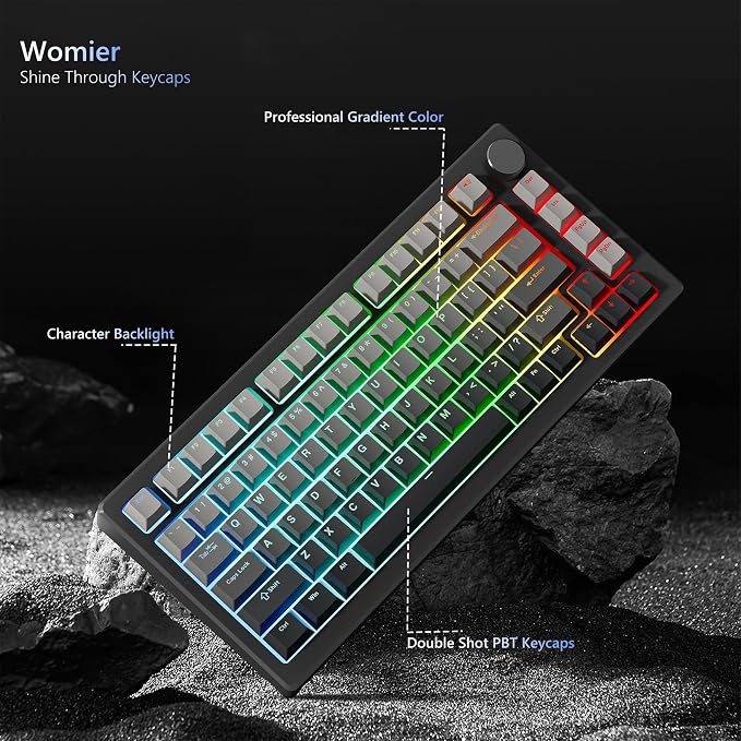 Womier Shine Through PBT Keycaps 60 75 100 Percent Cherry Profile, Custom Key Cap Doubleshot Keycaps Set, Universal Compatiability for Cherry Gateron MX Switches Keyboard, Gradient Gray