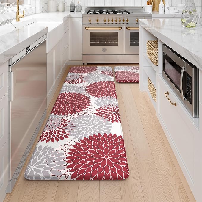 KIMODE Kitchen Rugs and Mats Cushioned Anti Fatigue 2PCS Standing Mat | 17"x59"+17"x29",Floral,Red,Non-slip,Waterproof,Kitchen Runner Rug,Comfort Foam Paded Mat for Floors Office Laundry Sink