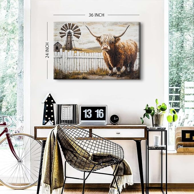 Country Farm Autumn Landscape Canvas Wall Art Vintage Longhorn Cow Pictures Farmhouse Kitchen Wall Decor Abstract Wild Animal Artwork for Walls Brown Cattle Posters Men's Bedroom Decorations 24x36"