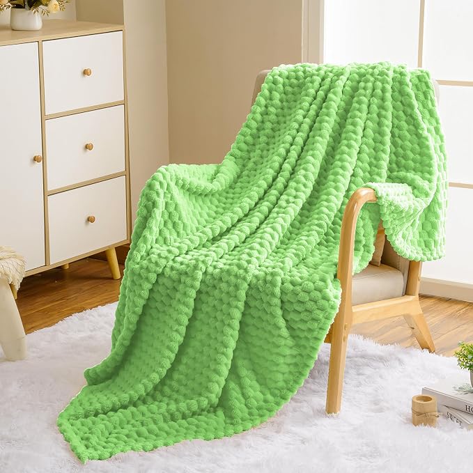 Vessia Flannel Fleece Twin Size Blanket(60x80 inch), 3D Jacquard Light Green Fuzzy and Warm Blanket for Couch, Sofa, 300GSM Super Soft Touch Cozy Lightweight Bed Decor for All-Season