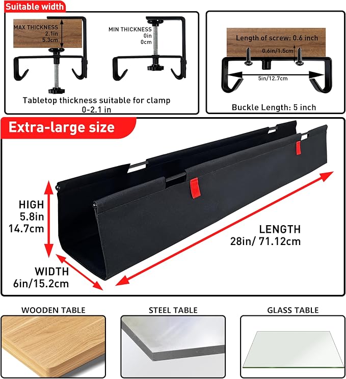 No Drill Under Desk Cable Management Tray, 28" Desk Cable Organizer | Premium Oxford Fabric Cable Management, Clamp Screw Desk Cable Management, Large Capacity Table Cable Organizer for Office