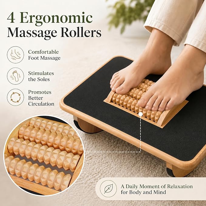 Foldable Under Desk Foot Rest, Wooden Rocking Footrest with 4 Massage Rollers, Natural Rubber Wood Ergonomic Foot Stool with Silicone Anti-Slip Surface, Office Home Study Footrest for Post