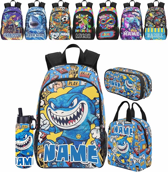 Back to School Supplies Personalized Shark Toddler Backpacks for Boys Backpack and Lunch Box Set Gifts for Son Custom Kids Backpack Casual Bookbag Schoolbag for Preschool Elementary Kindergarten