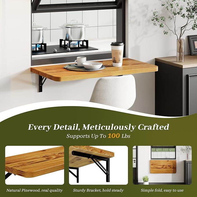Dogsky Floating Wall Desk, 24" x 14" Wall Mounted Folding Table, Pine Wood Fold Down Wall Table, 100 lb Capacity Wall Mount Desk for Small Apartment, Laundry Room,Kitchen,Bar & Computer,Burning Yellow