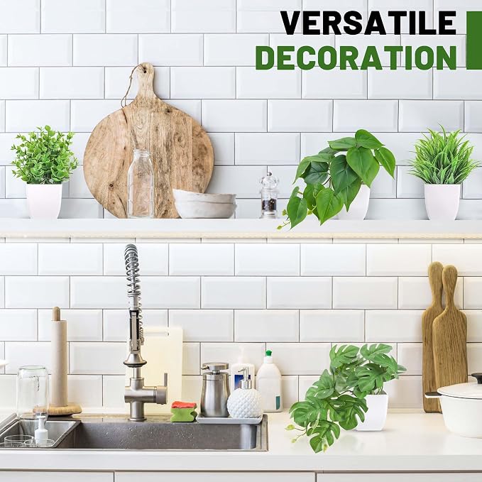 Der Rose 6 Pcs Mixed Small Fake Plants Modern Mini Potted Artificial Plants Indoor with White Pots for Bathroom Shelf Office Desk Bedroom Kitchen Decor