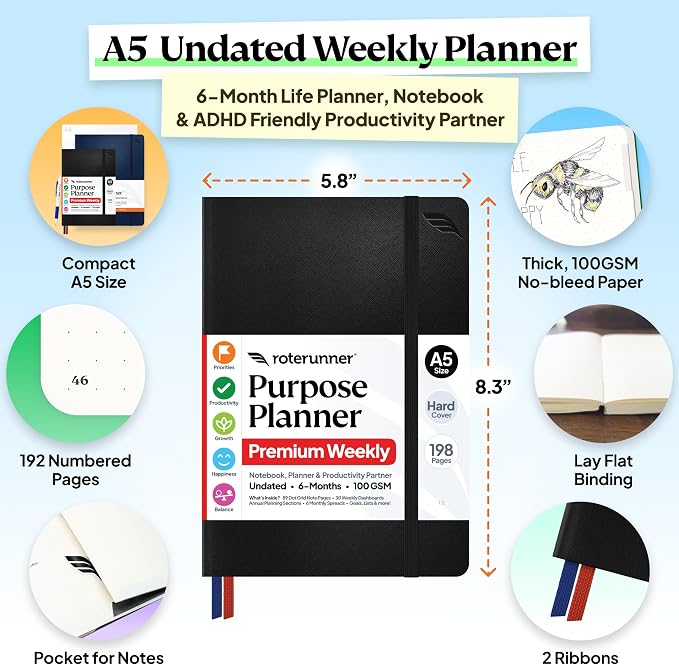 Roterunner Purpose Planner Notebook A5 5.8”x8.3” Undated 2026 Daily Weekly and Monthly Productivity Goal Setting Tool for Work Home ADHD Planner for Adults Self Care Journal (Black Hardcover)