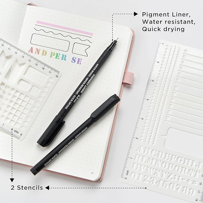 &And Per Se A5 Hardcover Dotted Notebook Kit for Beginners – 176 Numbered Pages, 100gsm Thick Paper, Includes Stencils & Fineliner Pen | Leather Bullet Journal with Templates, Lay Flat Design, Premium Gift for Women Men (Dark Blue)