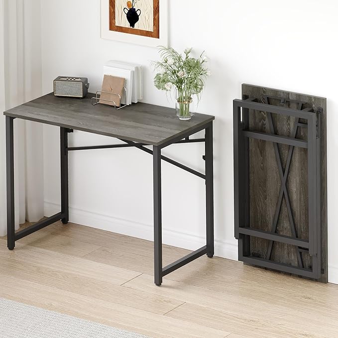 EMODA 40 inch Folding Desk No Assembly Required Home Office Desk Study Writing Gaming Computer Table, Black Oak