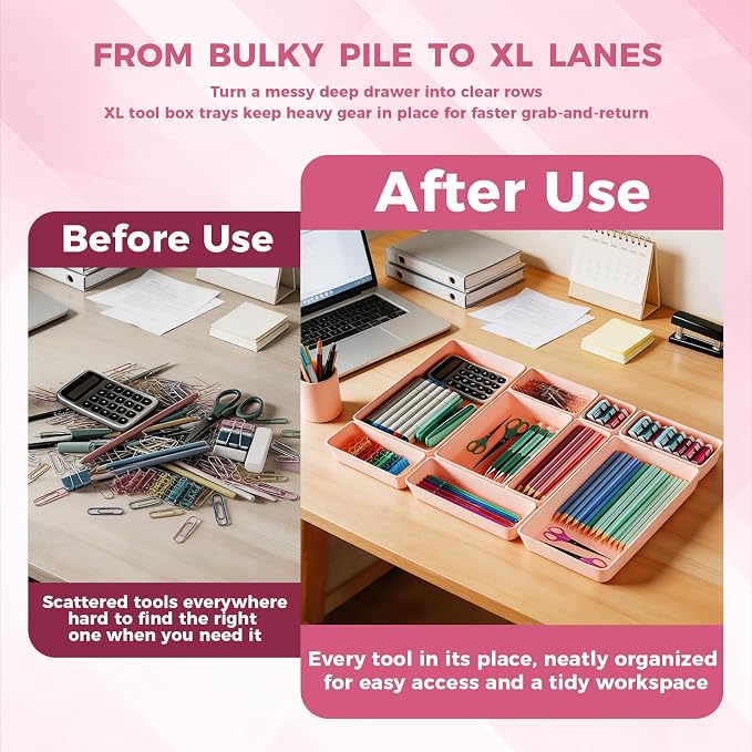 [6 PCS Extra-Large] Pink Drawer Organizer Trays with Non-Slip Pads, Interlocking Storage Bins for Vanity, Desk, Bathroom, Kitchen, Home Office and Utility Drawers