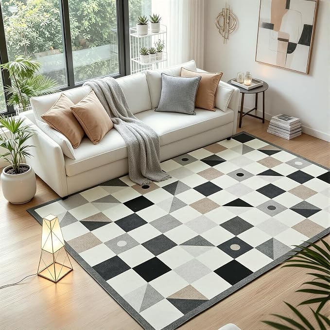 Terrug Grey and Beige Geometric Checkered Rug for Bedroom, 4x6 Area Rugs Washable with Non Slip for Living Room, Soft Low Pile Stain Resistance Carpet for Kids Room