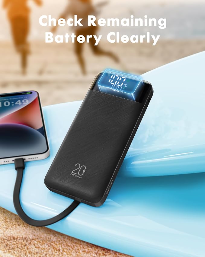 charmast 20000mAh Portable Charger with Built in Cables, 22.5W Travel Power Bank Fast Charging, USB C Cell Phone Battery Pack for iPhone 17/16/15/14/13/12 Series, iPad, Samsung, Android, Tablet