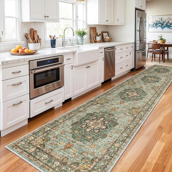 Washable Oriental Hallway Runner Rug - 3x14 Rugs for Living Room Soft Carpet for Bedroom Kitchen Waterproof Floral Distressed Indoor Stain Resistant Non-Shedding Floor Carpets (Green, 3X14)