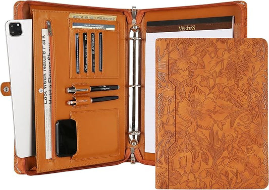 Vegan Leather Padfolio, Brown Binder with Pattern - 3 Ring Portfolio Organizer, Personalized Resume Folder (Pink)