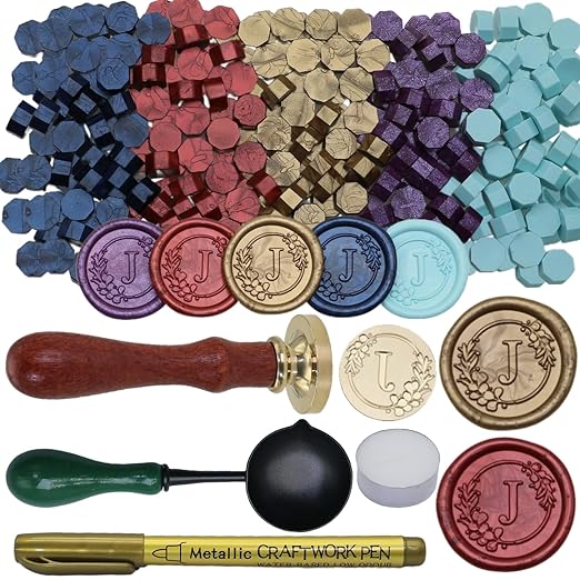 Initial Alphabet J Wax Seal Stamp Set, Retro Letter Sealing Stamp with 150Pcs Sealing Wax Beads in 5 Color, Melt Non Slip Spoon Pen Kit for Wedding and Christmas (J)