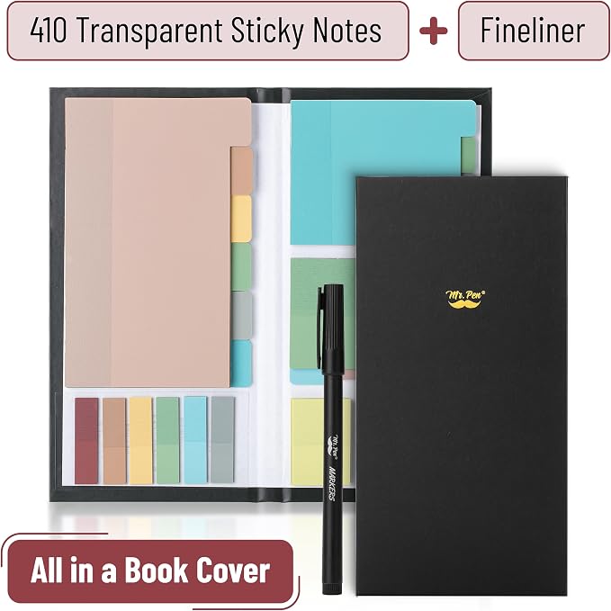 Mr. Pen- Transparent Sticky Notes Set, 410 Pack | Transparent Sticky Notes Tabs with Black Fineliner Pen for Bible Study, Office, School, Planning, Journaling & Organization