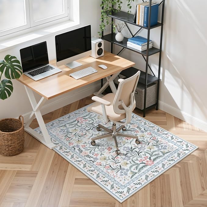 Anidaroel Desk Chair Mat for Hardwood Floor/Tile Floor, 36"x48" Boho Computer Chair Mat, Anti-Slip Floral Office Rugs for Rolling Chairs, Low Pile Beige Desk Chair Mats for Hardwood