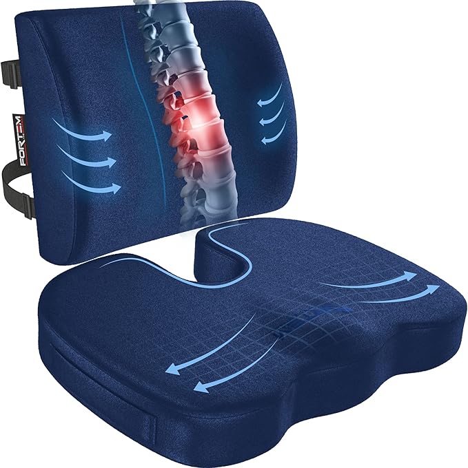 FORTEM Seat Cushion, Office Chair Cushion, Lumbar Support Pillow for Office Chair, Memory Foam Car Seat Cushions, Sciatica Coccyx Tailbone Pain Relief, Cushions for Back Support, Washable, Non Slip