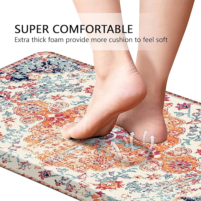 MAYHMYO Boho Kitchen Mat Anti Fatigue Ethnic Kitchen Cushioned Floor Mat Orange Blue Kitchen Rugs Non Slip Cool Rugs for Kitchen Office