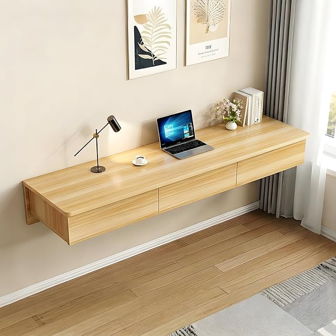 Floating Desk with Drawers, Wood Wall Mounted Desk, Floating Makeup Vanity, Space Saving, Sturdy and Stable, Floating Table for Living Room, Bedroom, Home, Office, Wood Color