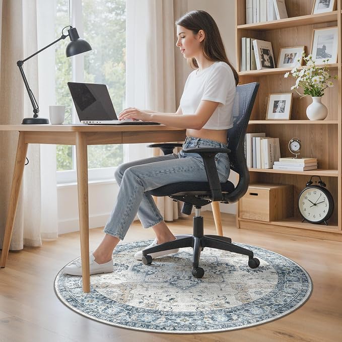 Office Chair Mat for Hardwood Tile Floor, Under Desk Carpet Protector for Rolling Computer Chair Mat, Round Washable Rugs 4ft Circle Area Rug, Anti-Slip 1/5" Thick Low Pile Thin Floor Mat, Blue