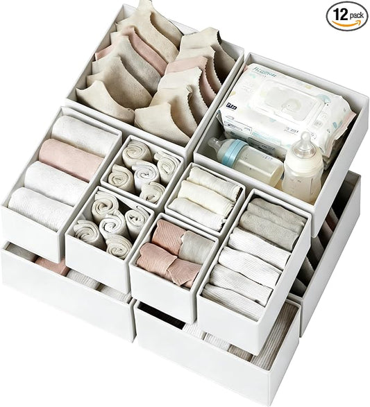 Drawer Organizer Clothes 12 Pack - Fabric Closet Organizers and Storage for Nursery Organization - Dresser Drawer Dividers for Baby Clothes/Socks/Underwear/Bras - College Dorm Room Essentials