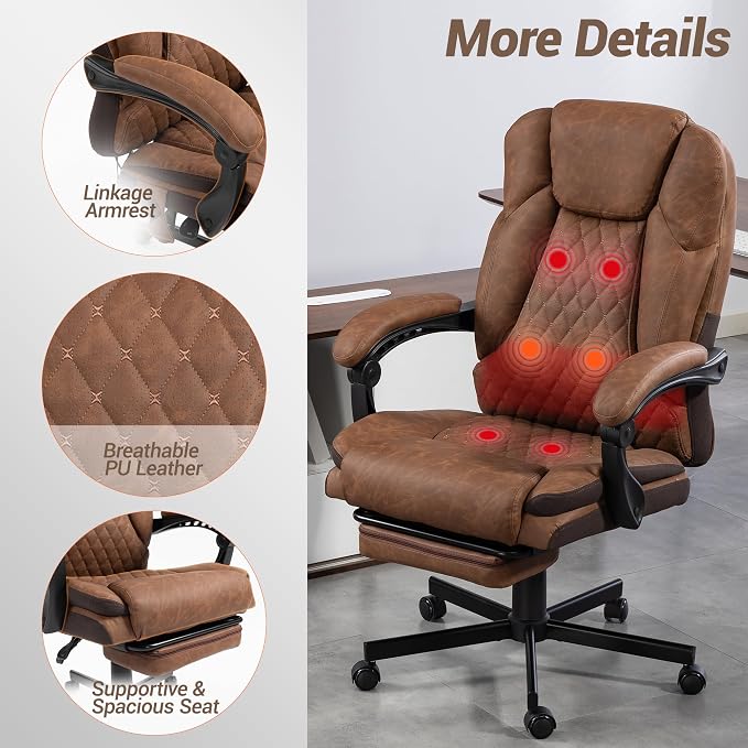Heated Massage Executive Office Desk Chair with Footrest - Brown | 6 Points Vibration Massage System, 5 Massage Modes, 3 Target Areas (Back,Lumbar,Seat), Reclining 90°-135°