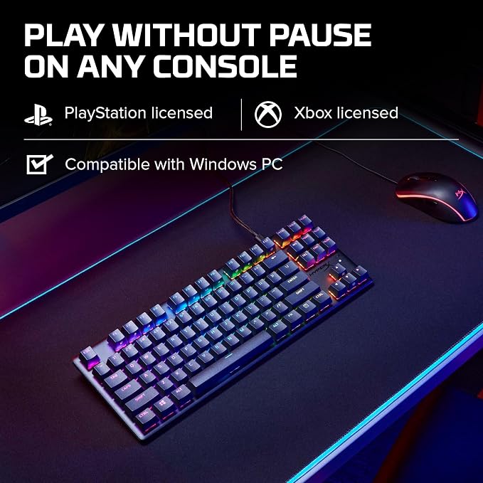 HyperX Alloy Origins Core Mechanical Gaming Keyboard PBT Keycaps Tenkeyless TKL Blue Switch Clicky LED RGB Backlight Playstation Xbox Licensed for PC, PS5, PS4, Xbox Series X|S, Xbox One, Desk Setup