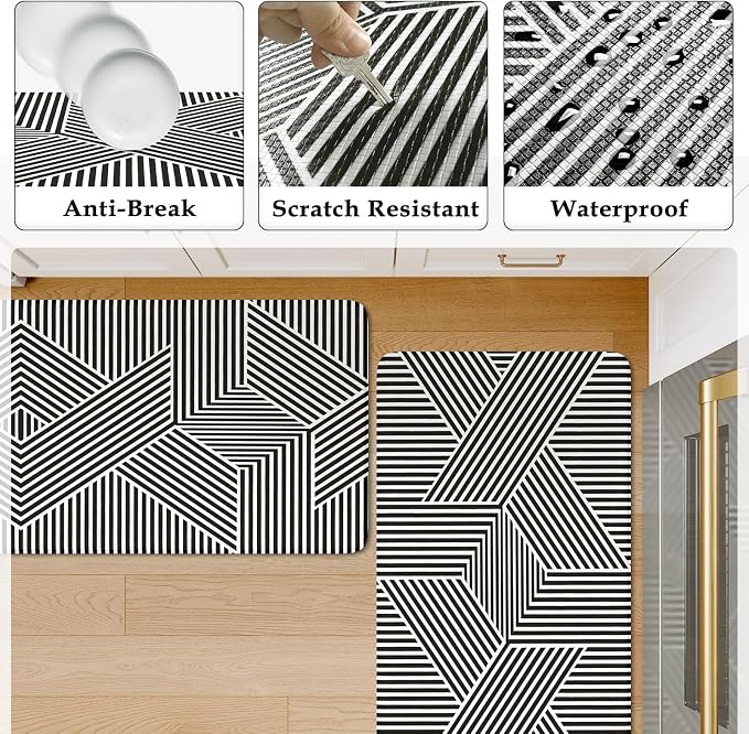 KIMODE Anti Fatigue Kitchen Mats, Padded Kitchen Floor Mats 17"x47"+17"x29" | Geometric Kitchen Rugs Sets of 2, Black White Rugs for Kitchen Floor, Cushioned Standing Mat for Laundry Office Sink Desk