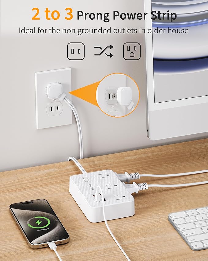 DEPOW 2 Prong to 3 Prong Adapter Power Strip - 6 Outlets & 4 USB Ports (2 USB-C), 1050J Two Prong Surge Protector, 5FT Extension Cord, Wall Mount - Ideal for Old Houses Non-Grounded Outlets