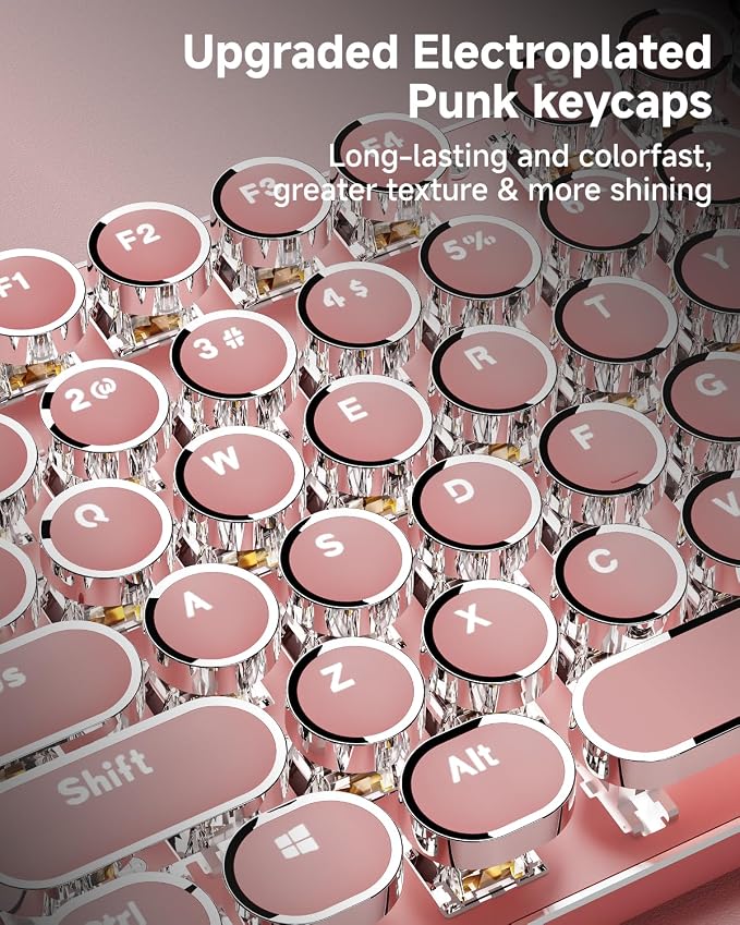 TK950 Typewriter Wireless Mechanical Keyboard, Aesthetic Tri-Mode Bluetooth/2.4G/Wired Retro Punk Typewriter Keyboard with White Backlit, Blue Switch, Round Keycaps for Laptop/Mac/iPad/Win, Pink
