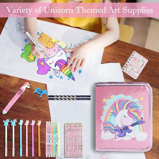 Leeche Fruit Scented Markers Set 44 Pcs Filled Stationery with Unicorn Pencil Case,Art Supplies for Kids Ages 4-6-8, Perfect Unicorn Gifts for Girls,Assortment Marker Pencil Gel Pen Coloring