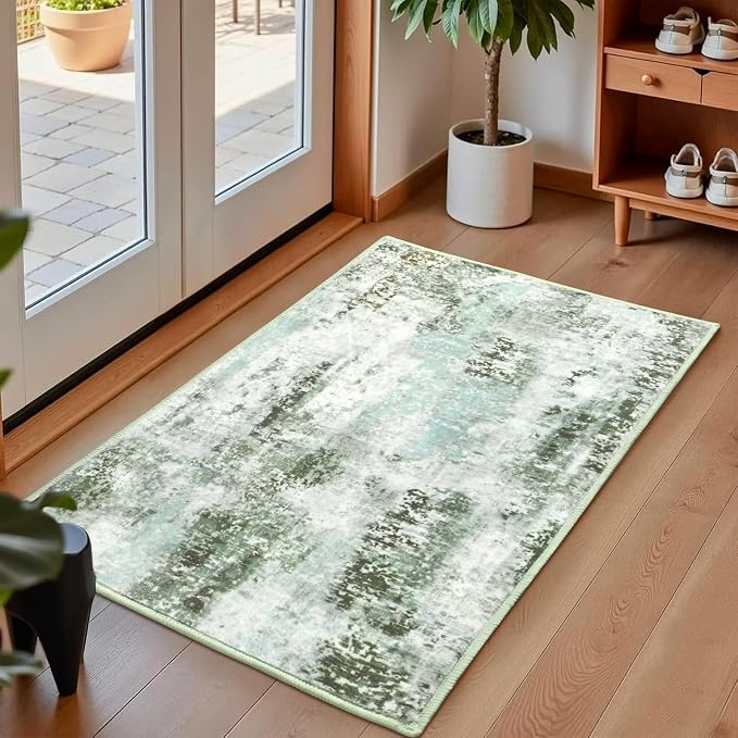 Macgace Washable Abstract Rug, 2x3 Small Modern Area Rugs with Non-Slip Rubber Backed for Kitchen, Thin but Soft Throw Carpet Bedroom Entryway Front Door Decor, Green