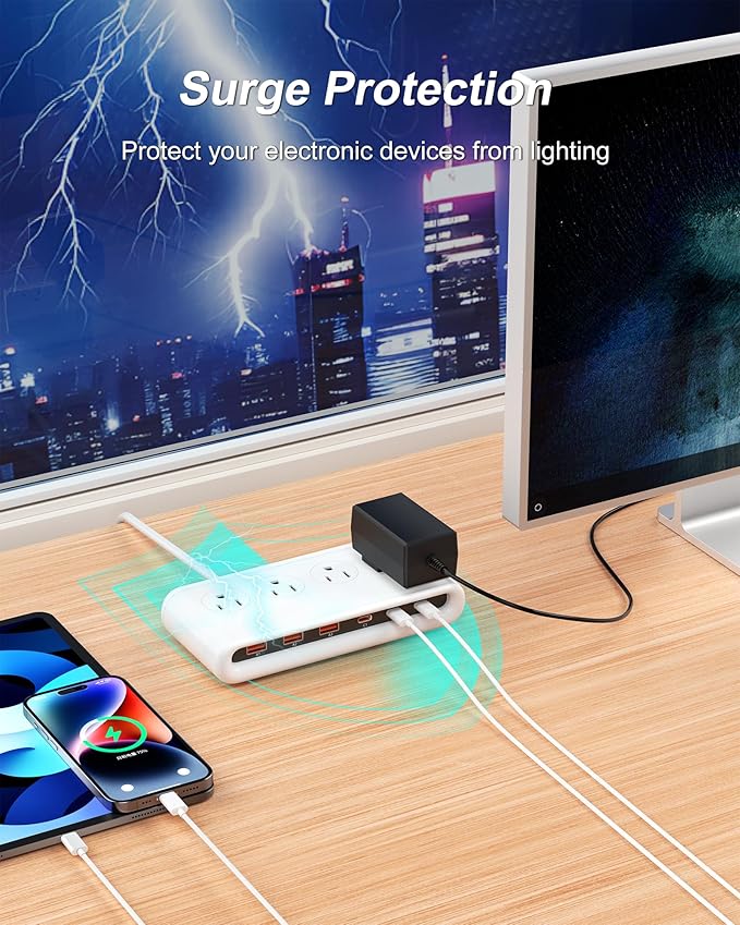 10 in 1 Flat Plug Power Strip with USB C, PD20W Fast Charging Station with 4 Outlets and 6 USB Port（3 Type C+3 USB A, 5ft Extension Cord, Non Surge Protector for Travel (White)