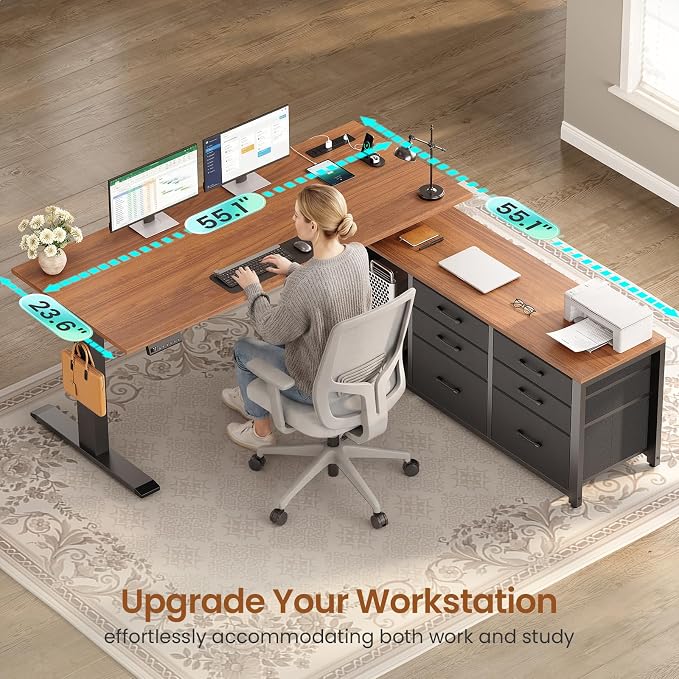 SEDETA L Shaped Electric Standing Desk, 55" x 55" Height Adjustable Corner Office Desk with 6 Fabric Drawers and Storage Shelves, Stand up Home Office Desk with Power Outlet, Black and Brown