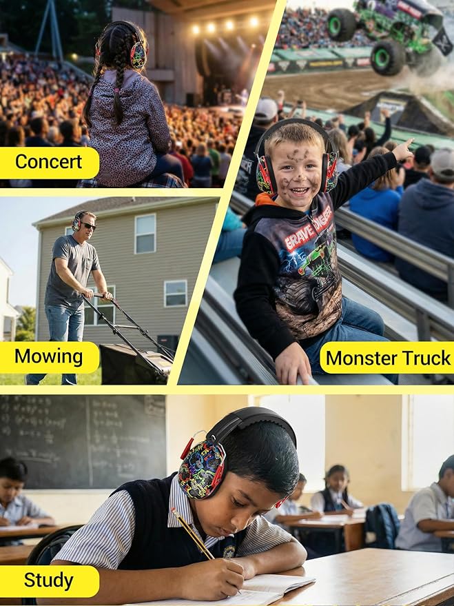 Kids Ear Protection for Monster Jam, 27.4dB Noise Cancelling Headphones for Kids Adults, Adjustable Ear Muffs for Noise Reduction for Airplane, Fireworks, Concerts and Sports Events