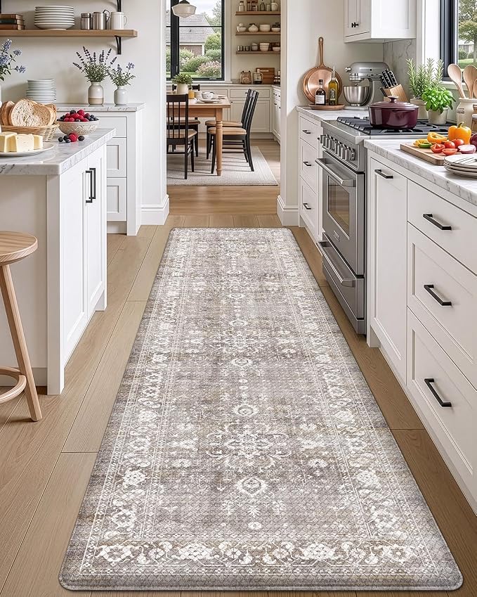 DEXI Kitchen Floor Mats Cushioned Anti Fatigue, 23x107 Long Wide Standing Comfort Runner Rug, Waterproof Retro Floral Memory Foam Padded for Front Sink Laundry, Beige Grey