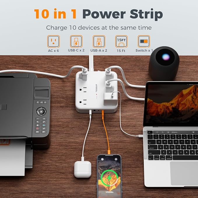 TESSAN 15Ft Grey Extension Cord with Multiple Outlets, Surge Protector Power Strip with 6 Outlets and 4 USB Ports (2 USB C), 2100 Joules Protection, Flat Plug, Outlet Extender for Home, Office, Dorm