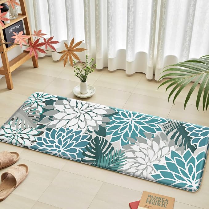 Arenarug Kitchen Mats for Floor 2PCS Cushioned Anti Fatigue Kitchen Mats Waterproof Non Slip Kitchen Mat Rug Set Comfort Foam Standing Mat for Sink, Laundry, Office,17.3" x 28" + 17.3" x 47", Teal