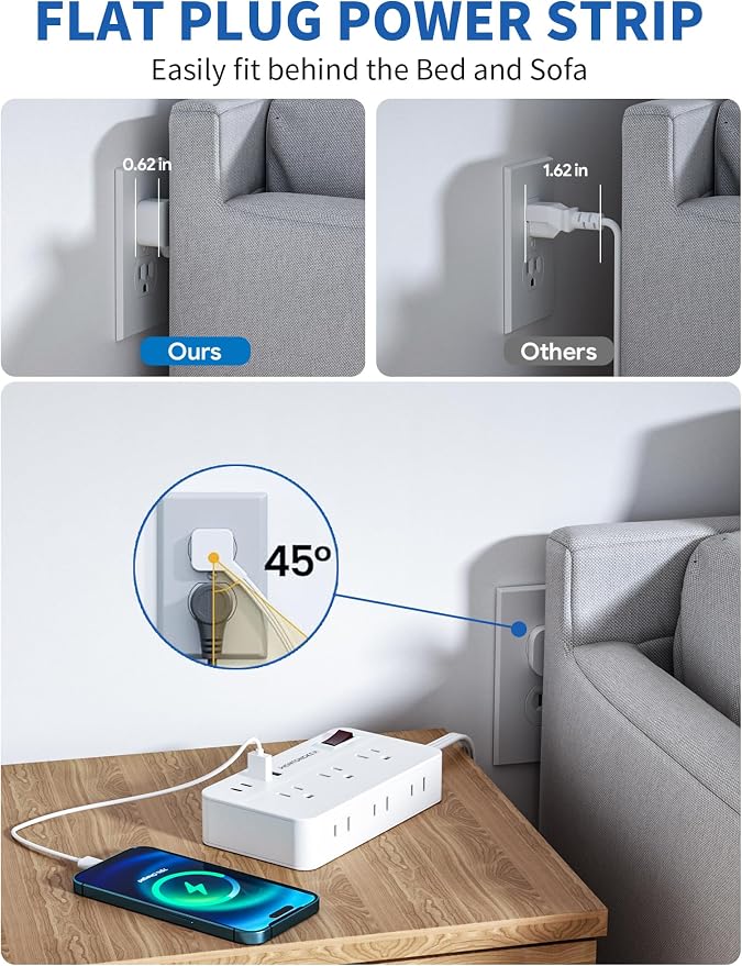 Surge Protector Power Strip - 5Ft Braided Extension Cord Flat Plug with 6 Outlets and 2 USB-A 2 USB-C Ports, 1080 Joules Wall Mounted Charging Station for Office Home ETL (15FT)