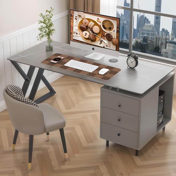 AFIING Brown Checkered Desk Pad 31.5" x 12" | Waterproof PU Leather, Non-Slip Rubber Base, Checkered Design, Office & Home