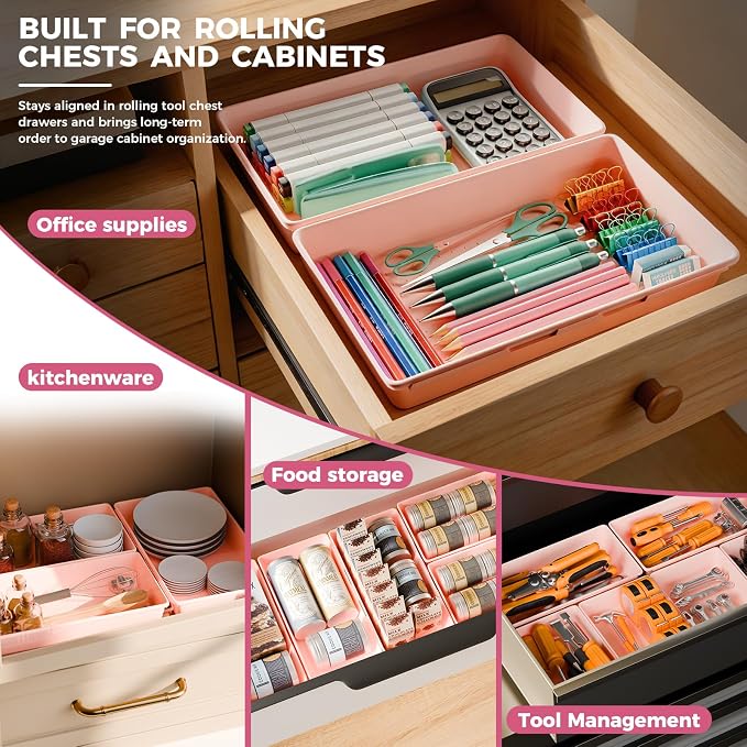 [6 PCS Extra-Large] Pink Drawer Organizer Trays with Non-Slip Pads, Interlocking Storage Bins for Vanity, Desk, Bathroom, Kitchen, Home Office and Utility Drawers