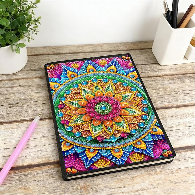 FRANDEK Diamond Art Painting Notebook Kit, Color Mandala A5 DIY Journal with 50 Blank Pages, Crystal Rhinestone Cover with Waterproof Canvas, Beginner Craft Set with Full Tools for Adults