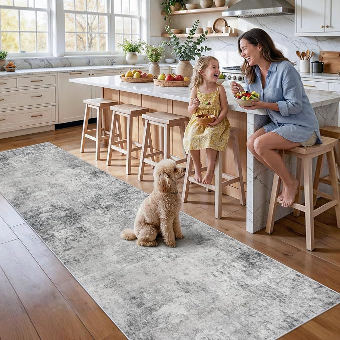 3x14ft Washable Runner Rug for Hallway: Modern Non Slip Wide Carpet for Kitchen Entryway Bathroom - Extra Long Soft Throw Floor Mat Neutral Low Pile Accent Rugs for Boho Home Decor (3x14 Grey)