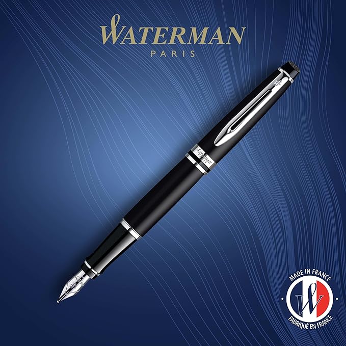 Waterman Expert Fountain Pen, Matte Black with Chrome Trim, Fine Nib with Blue Ink Cartridge, Gift Box