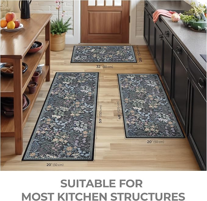 GRANNY SAYS Boho Kitchen Rug Sets of 3, Non Slip Washable Faux Wool Kitchen Mats for Floor, Thick Soft Anti-Fatigue Comfort Standing Mat Runner Rugs for Hallway Laundry Room, Black Flower
