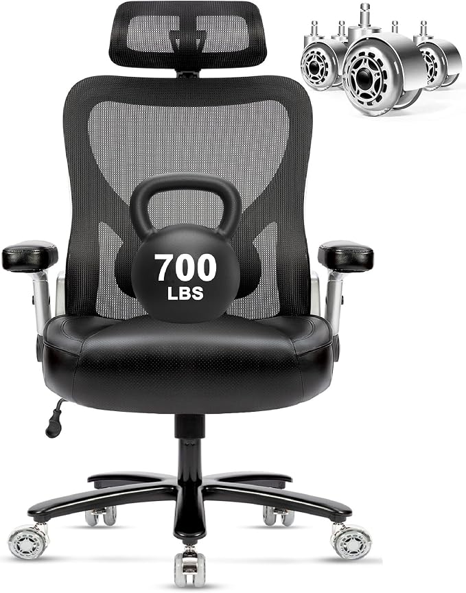 Super Big and Tall Office Chair 700lbs- Heavy Duty Executive Computer Chair with Rubber Wheels 3D Flip Arms, Ergonomic Mesh High Back Desk Chair, Extra Wide Seat Adjustable Lumbar Support & Headrest