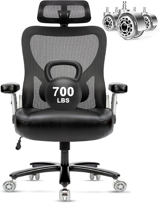 Super Big and Tall Office Chair 700lbs- Heavy Duty Executive Computer Chair with Rubber Wheels 3D Flip Arms, Ergonomic Mesh High Back Desk Chair, Extra Wide Seat Adjustable Lumbar Support & Headrest