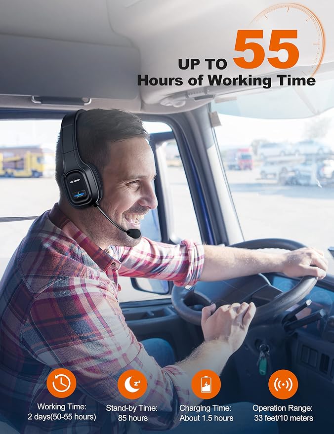 TECKNET Trucker Bluetooth Headset, Trucker Bluetooth Headphones with Microphone AI Noise Canceling Wireless On Ear Headset, Hands Free Wireless Headset for Cell Phone Computer Office Home bright black