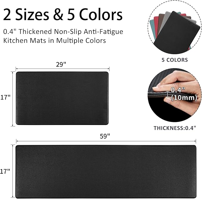 Kitchen Mats and Rugs Set of 2 - Cushioned Anti-Fatigue Kitchen Rug for Floor Washable 17"x29" +17"x59", Black