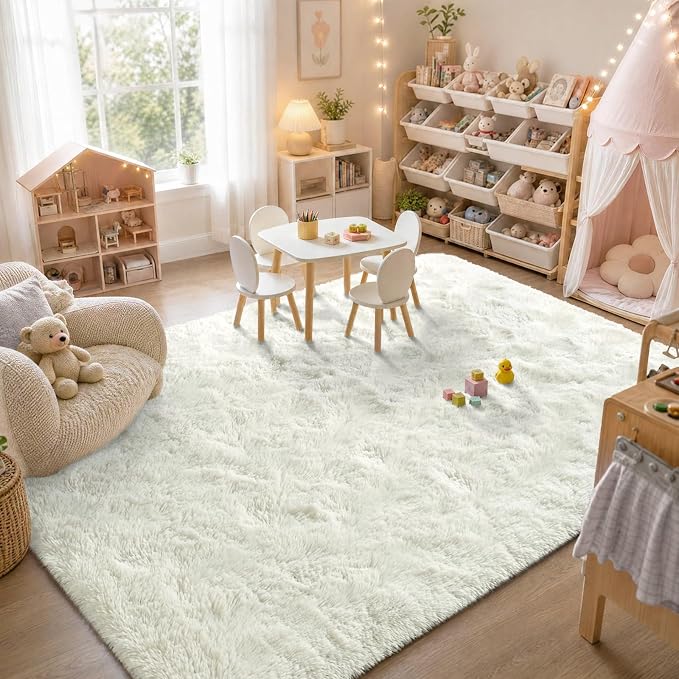 Zentavio Area Rugs for Living Room Small Carpet for Bedroom 3x5 Bedside Washable Soft Fluffy Shag Aesthetic Plush High Pile Throw Rug for Nursery Kids Room Dorm Room White